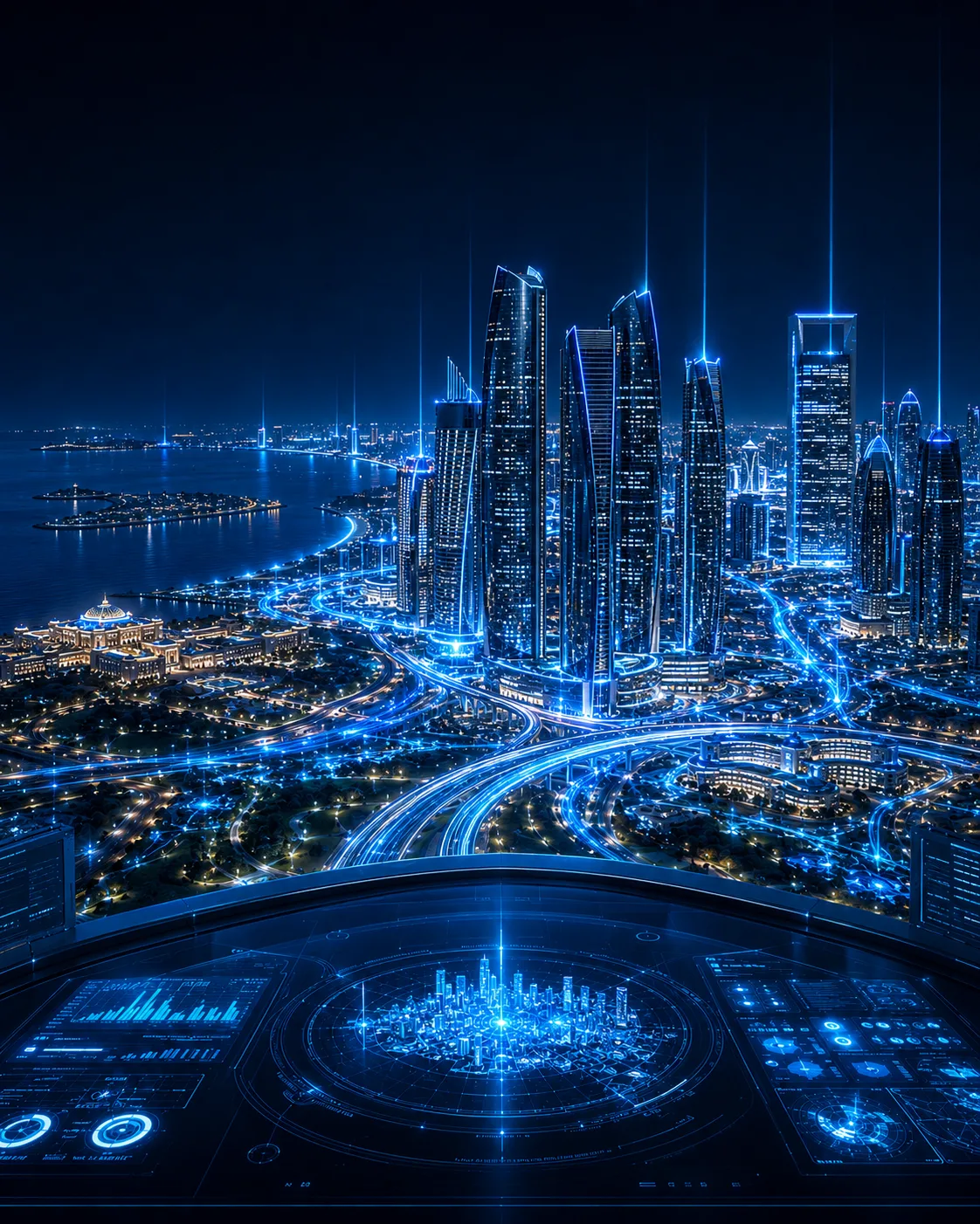 Abu Dhabi at night: Etihad Towers and the Corniche connected by glowing blue data networks